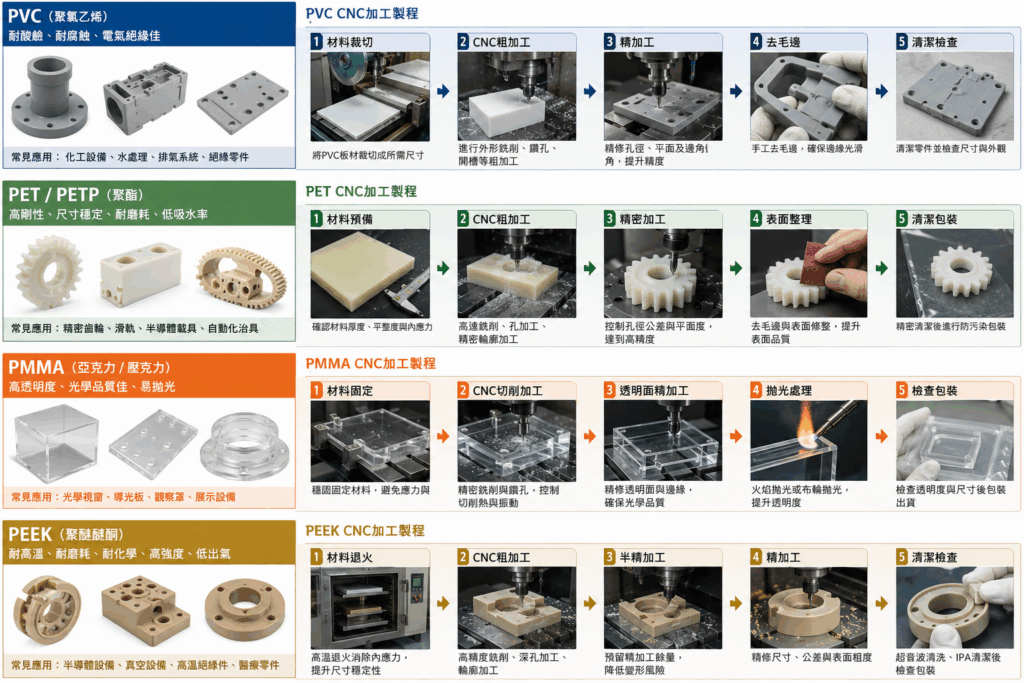 PVC 聚酯 亞克力(PMMA) peek cnc 加工說明及製程