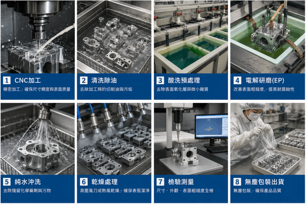CNC 產業使用的電解研磨（Electropolishing, EP）是一種非接觸式電化學表面處理技術，主要利用直流電與電解液，使金屬表面微觀凸起部位優先溶解，達到平滑化、去毛邊、去除污染層、提升耐蝕性及潔淨度的效果，因此又被稱為逆電鍍（Reverse Plating）