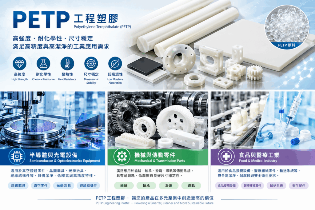 PETP(聚對苯二甲酸乙二酯,Polyethylene Terephthalate)具備良好的機械強度、耐磨性及尺寸穩定性,適合用於精密滑動零件、機械傳動零件與部分食品機械零組件。