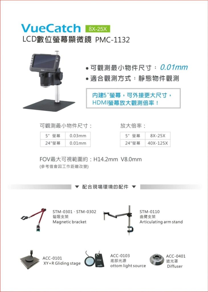 VueCatch 8X-25X
LCD數位螢幕顯微鏡 PMC - 1132

可觀測最小物件尺寸：0.01mm
適合觀測方式：靜態物件觀測

可觀測最小物件尺寸：
5"營幕  0.03mm
24“ 營幕  0.01mm

放大倍率：
5"營幕 8X-25X
24"營幕 40X-125X

FOV可視範圍約：
H14.2mm V8.0mm
