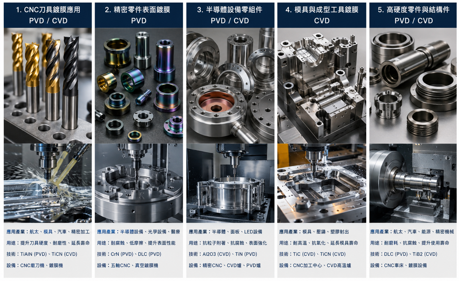 pvd、cvd 是兩種主要的薄膜沉積技術,在 CNC加工、精密零件製造、半導體設備零組件、刀具鍍膜、高階表面工程 中的作用、用途、工廠製程與差異