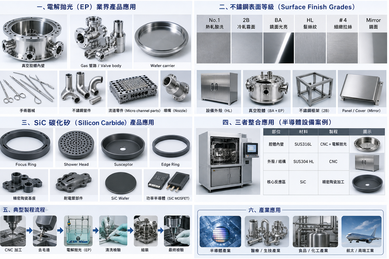 「電解拋光」、 「不鏽鋼表面等級」、 「sic 碳化矽」CNC加工方式及業界的運用