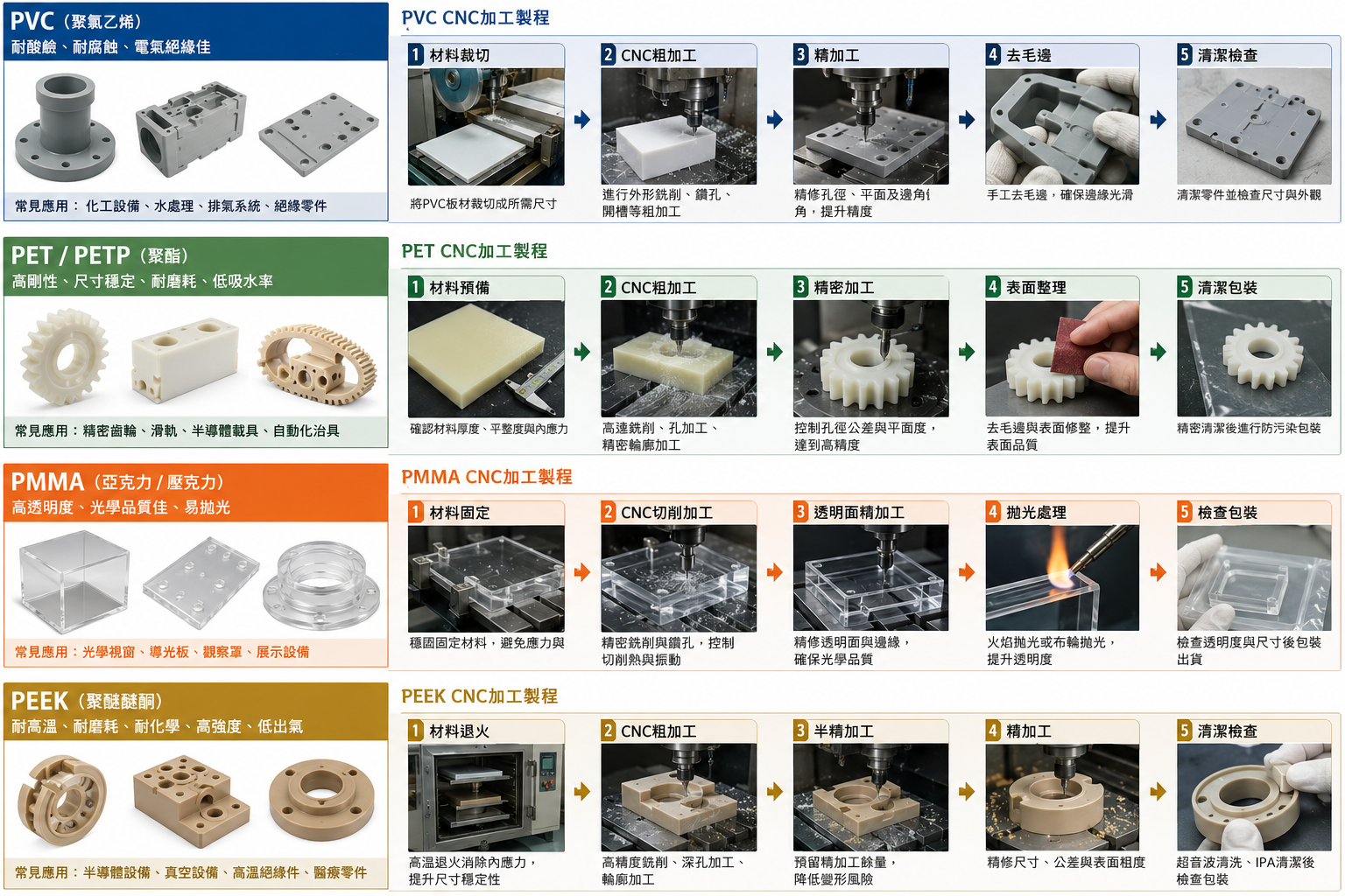 PVC 聚酯 亞克力(PMMA) peek cnc 加工說明及製程