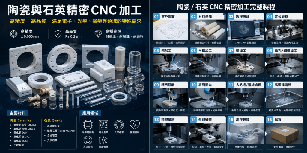 #CNC 加工代工|# CNC 精密零件|#陶瓷石英精密CNC加工 陶瓷和石英材料可以被加工成各種高精度、高品質的零件,滿足電子、光學、醫療等領域的特殊需求