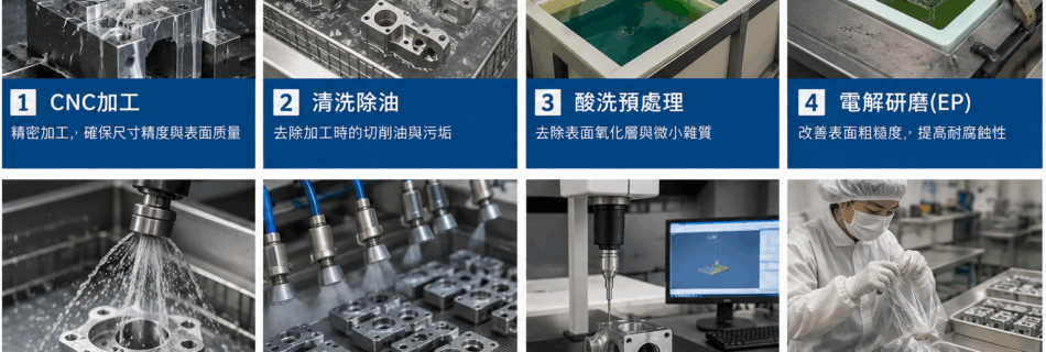 CNC 產業使用的電解研磨（Electropolishing, EP）是一種非接觸式電化學表面處理技術，主要利用直流電與電解液，使金屬表面微觀凸起部位優先溶解，達到平滑化、去毛邊、去除污染層、提升耐蝕性及潔淨度的效果，因此又被稱為逆電鍍（Reverse Plating）