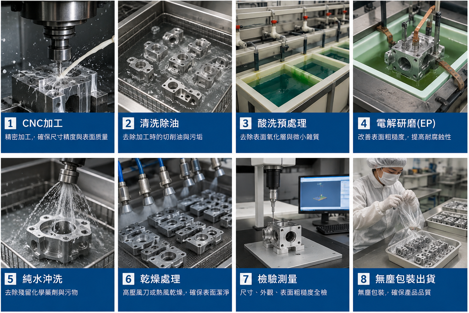 CNC 產業使用的電解研磨(Electropolishing, EP)是一種非接觸式電化學表面處理技術,主要利用直流電與電解液,使金屬表面微觀凸起部位優先溶解,達到平滑化、去毛邊、去除污染層、提升耐蝕性及潔淨度的效果,因此又被稱為逆電鍍(Reverse Plating)