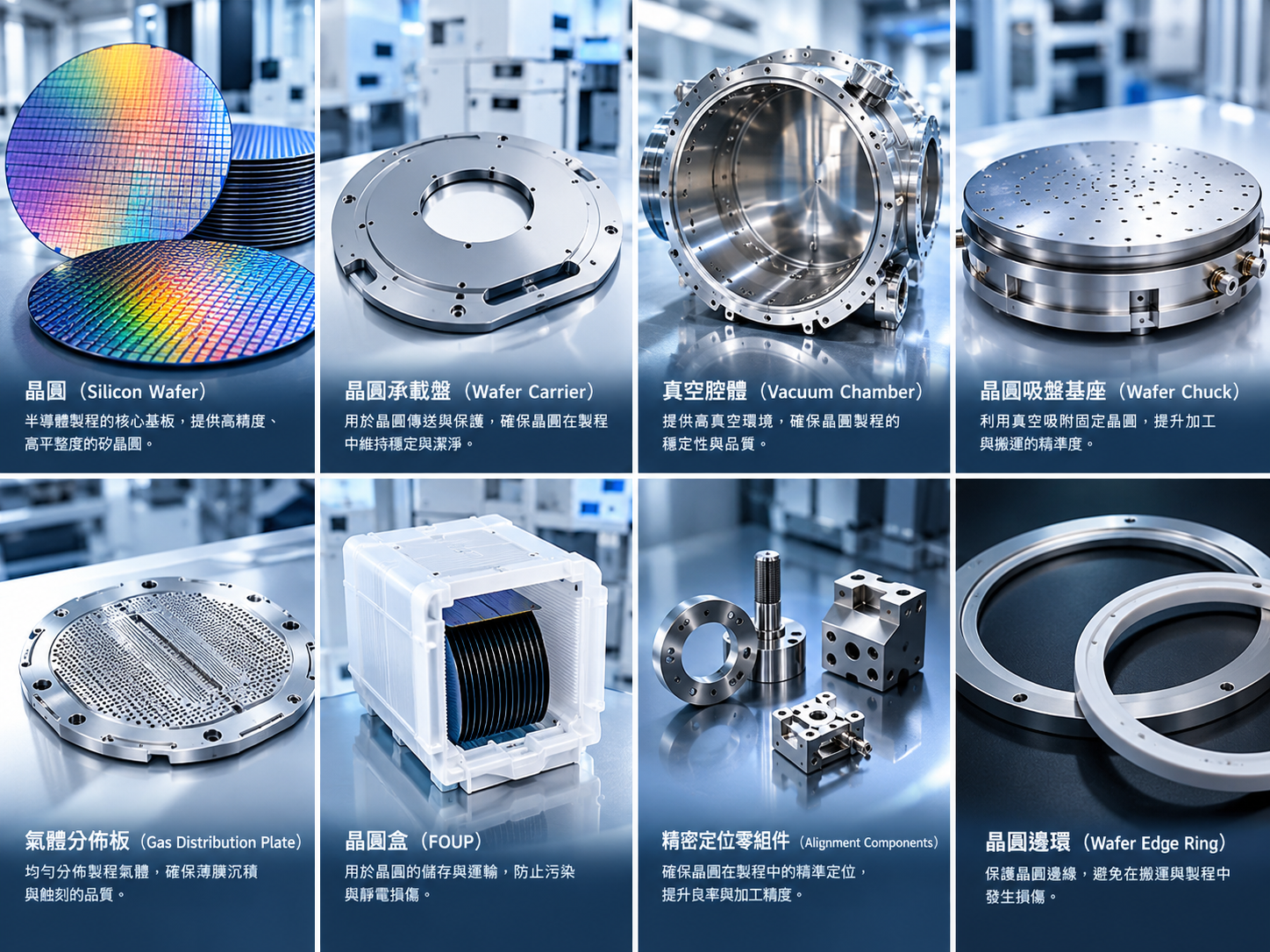 晶圓相關零組件、晶圓精密加工(Precision Wafer & Semiconductor Equipment Machining)、設備機台、良率與 CNC 精密加工