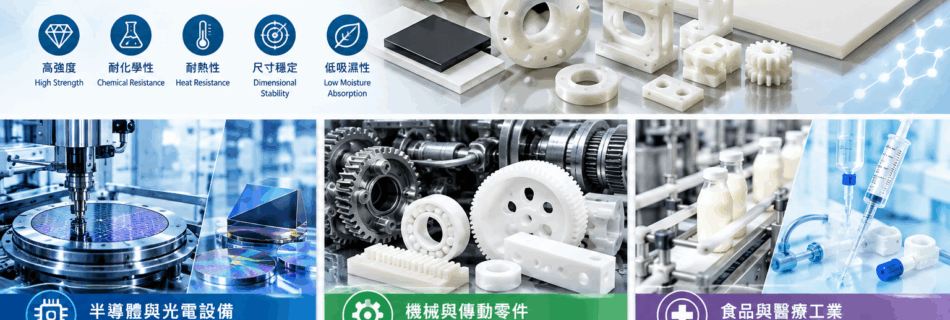 PETP（聚對苯二甲酸乙二酯，Polyethylene Terephthalate）具備良好的機械強度、耐磨性及尺寸穩定性，適合用於精密滑動零件、機械傳動零件與部分食品機械零組件。